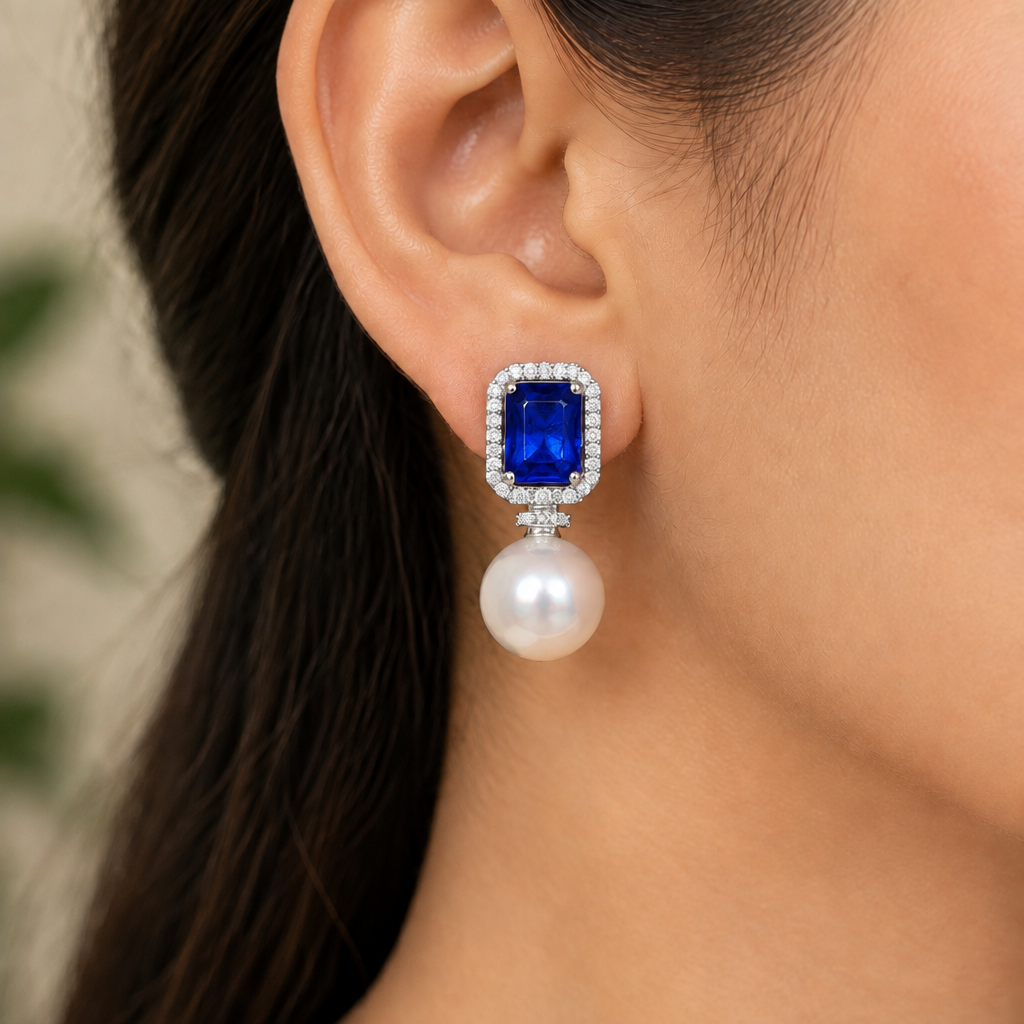 Rectangle Baguette CZ & pearl Drop Earrings  | Push back | Platinum Plating I WG  | Rhodium Plating