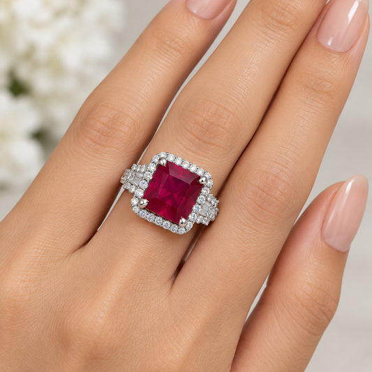 Ruby Square American Diamond RING | WG  | Rhodium Plating