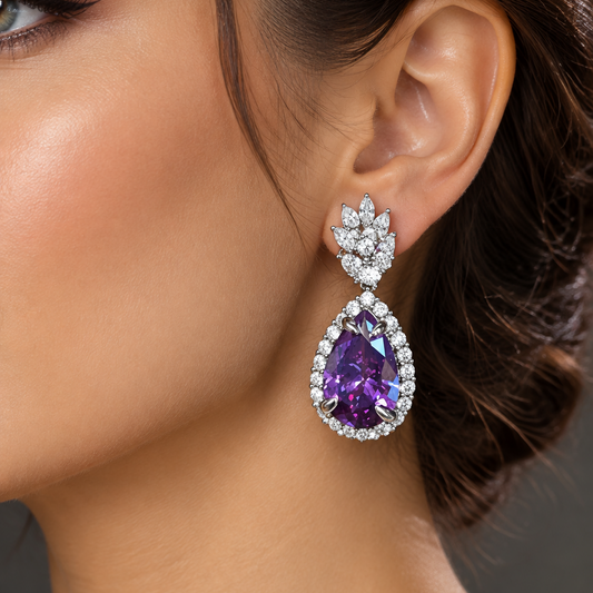 Drop CZ Earrings   | Emerald , Blue & Purple  | Push back | Platinum Plating I WG  | Rhodium Plating