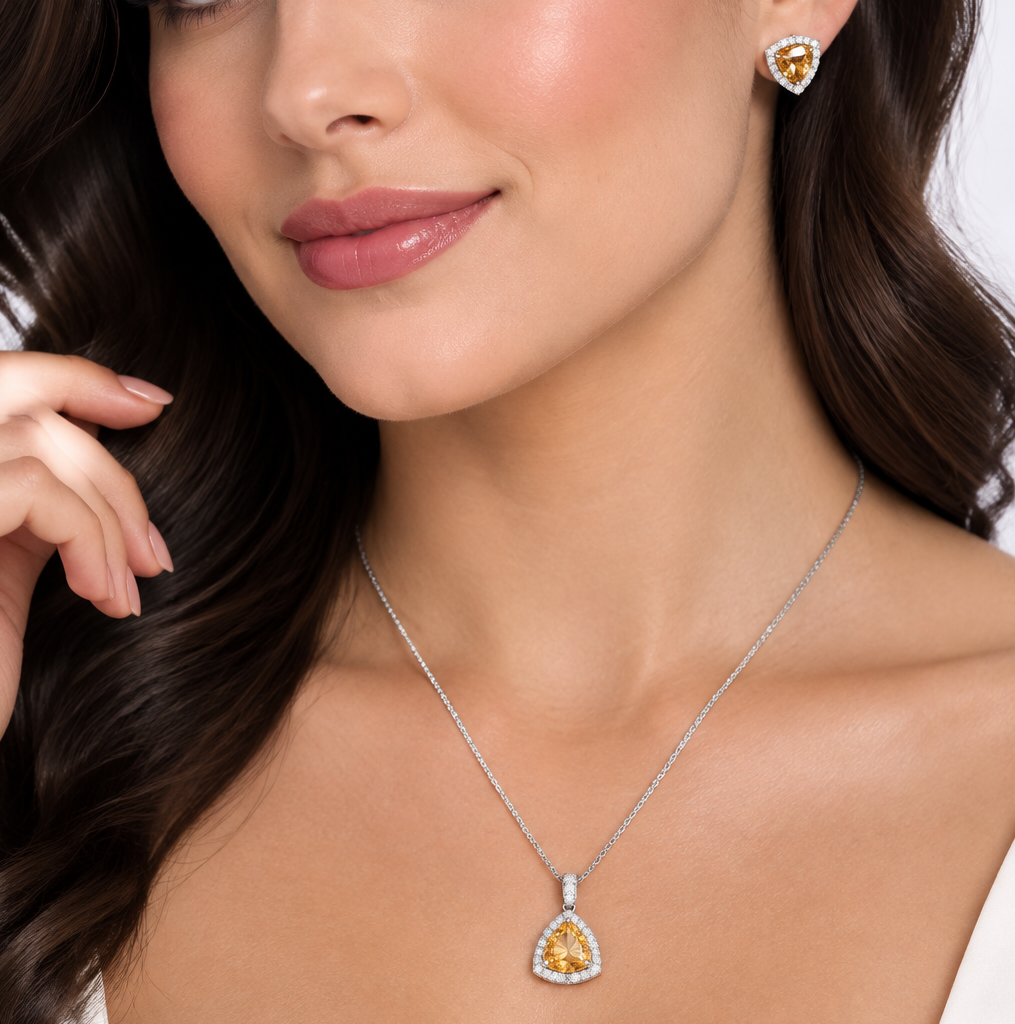 Triangle Cut  Solitaire Pendant set I With Chain I WG I  Rhodium Plating