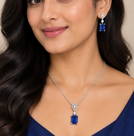 Rectangle Cut  Solitaire Pendant set I With Chain I WG I  Rhodium Plating