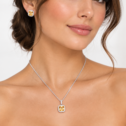 Square Cut  Solitaire Pendant set I With Chain I WG I  Rhodium Plating