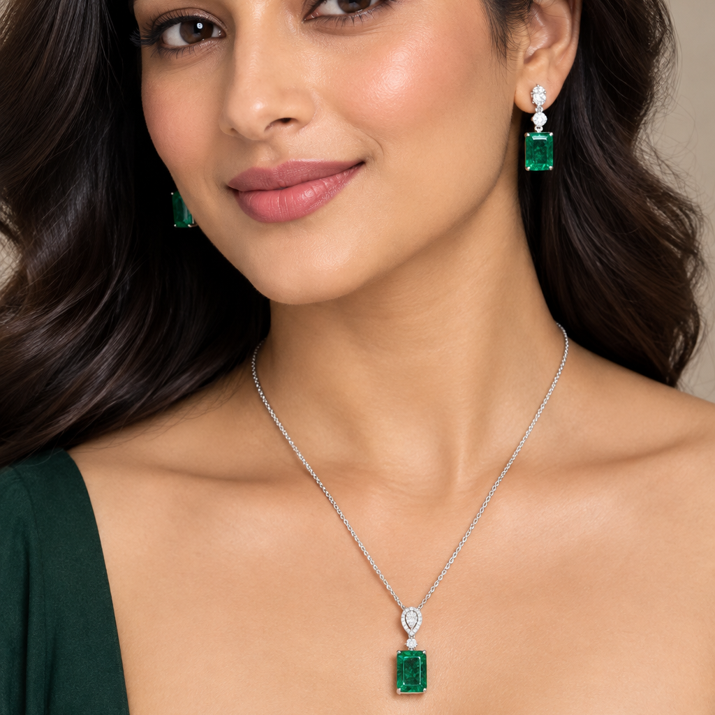 Rectangle Cut  Solitaire Pendant set I With Chain I WG I  Rhodium Plating