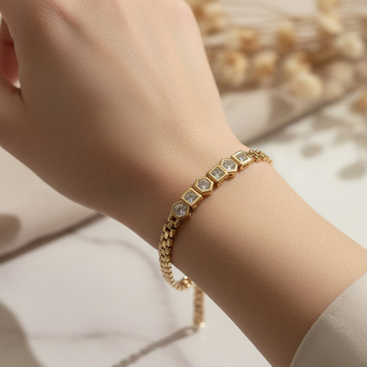 Hexagon CZ Anti-Tarnish Bracelet – 18K Gold Plated