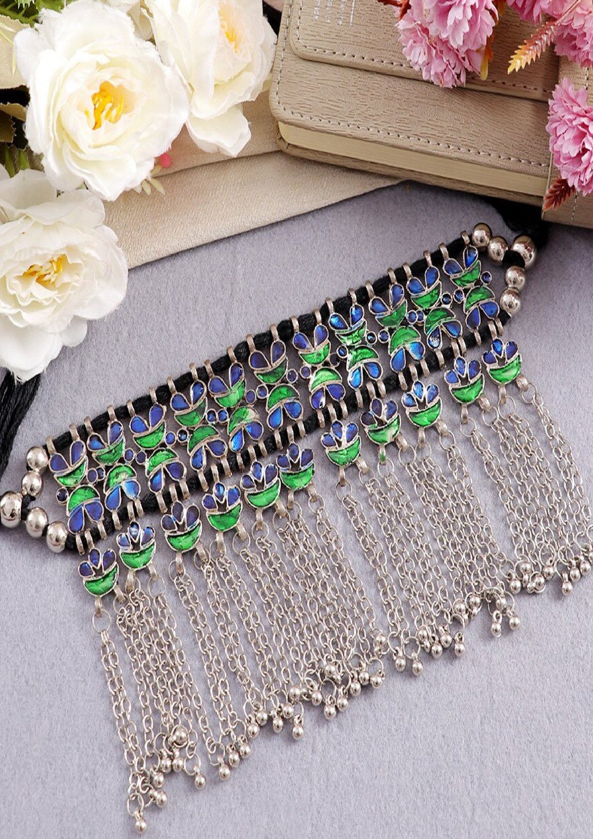 Tribal Blue & Green Lotus Fringe Necklace