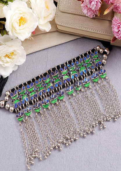 Tribal Blue & Green Lotus Fringe Necklace
