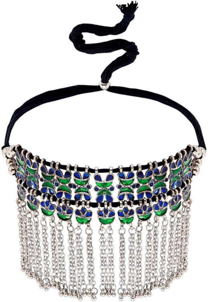 Tribal Blue & Green Lotus Fringe Necklace