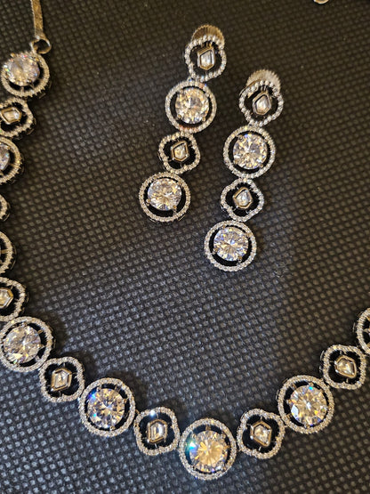 Round Silver Plated American Diamond Necklace Set