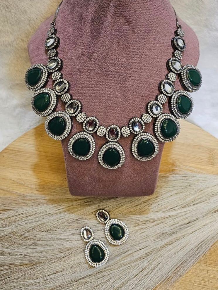 Green Kundan Rhodium set