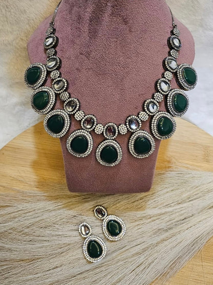 Green Kundan Rhodium set