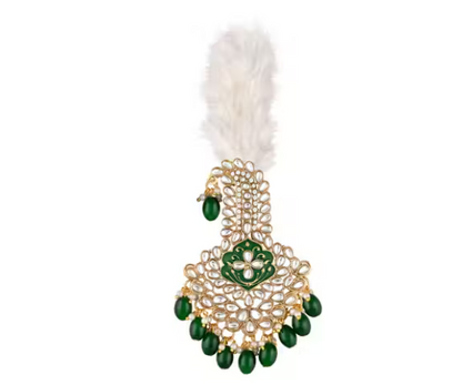 Green and White Crystals Kalgi with Feather