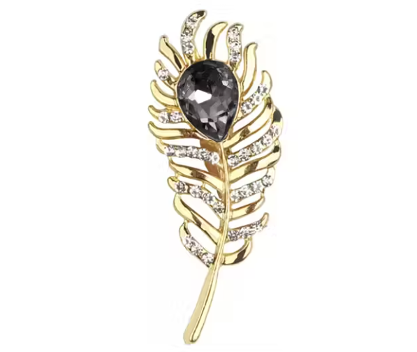 Metallic feather with black stone stud brooch
