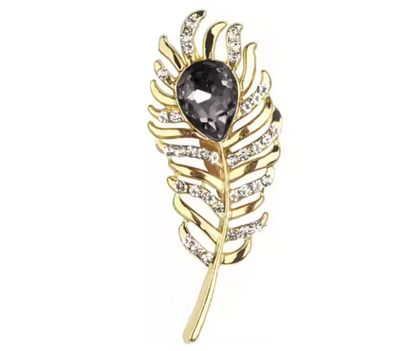 Metallic feather with black stone stud brooch