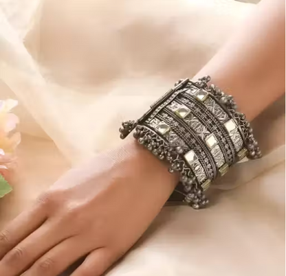 Oxidized Silver Mirror Work Cuff Bangle