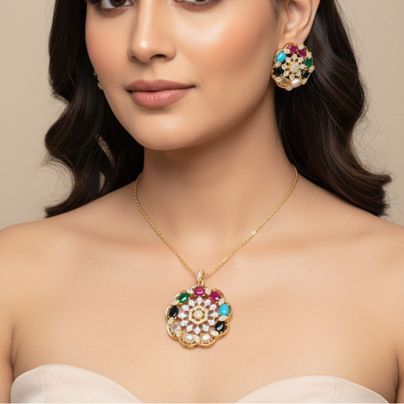 Royal Navratna Onyx stone Pendant Set | Without Chain