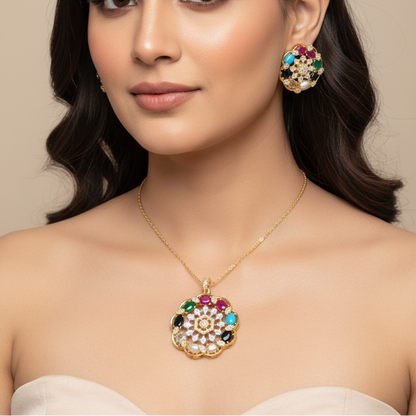 Royal Navratna Onyx stone Pendant Set | Without Chain
