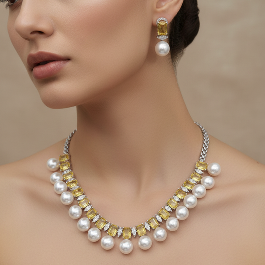 Citrine Diamond Necklace With Pearl Drops | Rhodium Plating