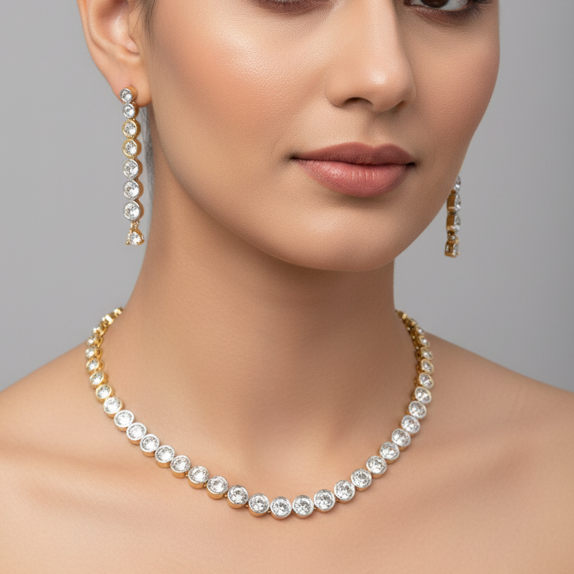 Twin Spark Single Line I Dual Tone I Diamond Necklace Set