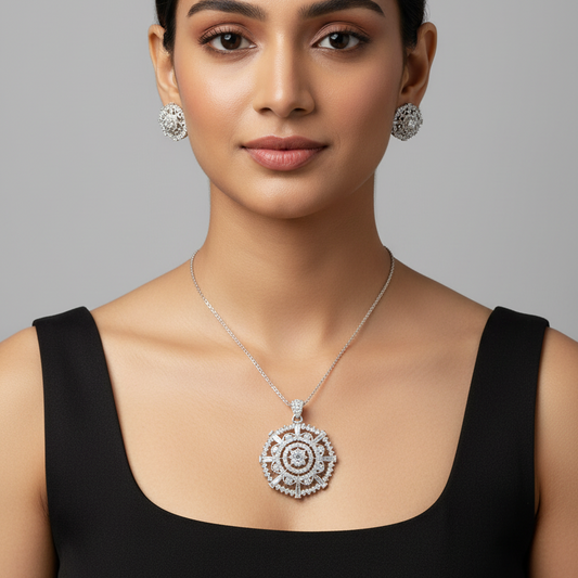 Pave flower  American Diamond Pendant Set I With Chain