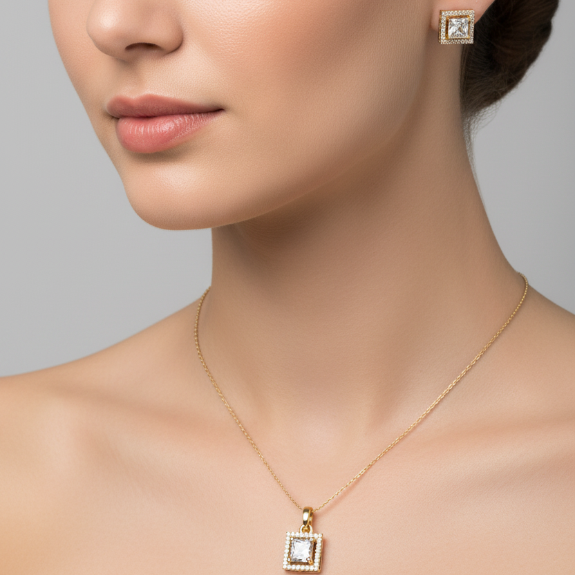 Square Cut  Solitaire Pendant set I With Chain