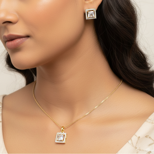 Square Cut  Solitaire Pendant set I With Chain