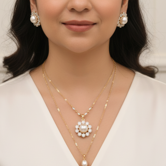 Pearl Blossom Pendant & Earrings Set I Without Chain