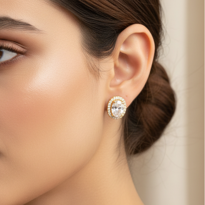 Oval Solitaire Diamond  Stud Earrings  | Screw Back | 18K Gold Plating I WG