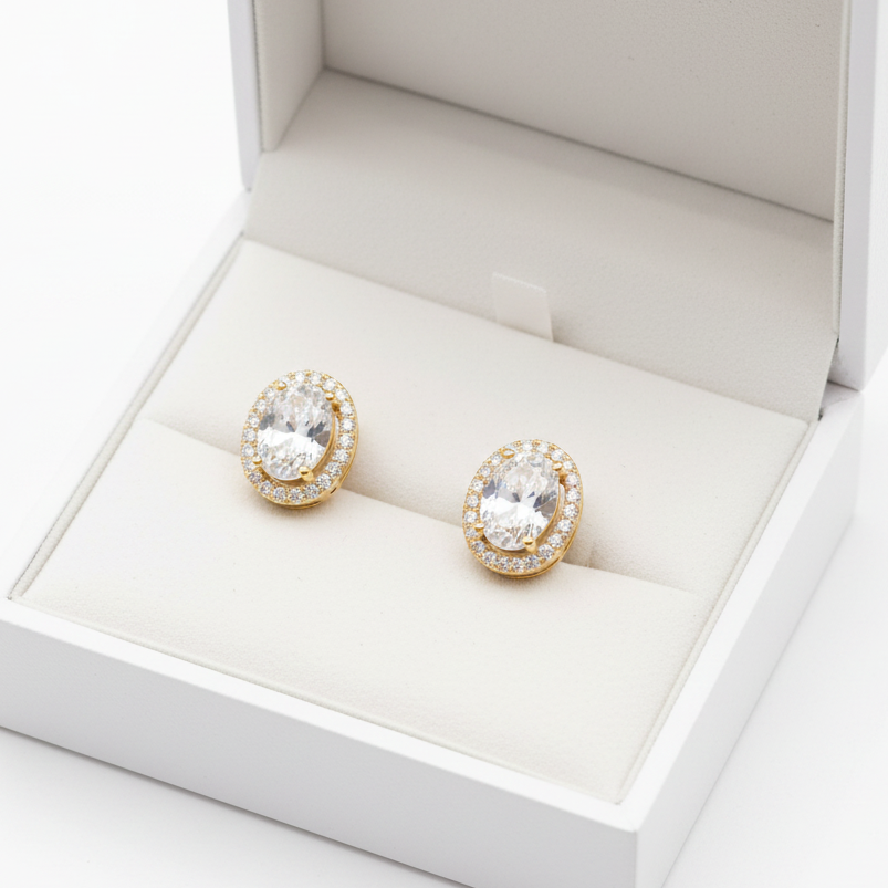 Oval Solitaire Diamond  Stud Earrings  | Screw Back | 18K Gold Plating I WG