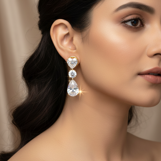 Elegant Triple-Drop CZ Earrings – Gold Finish  | 18K Gold Plating I WG