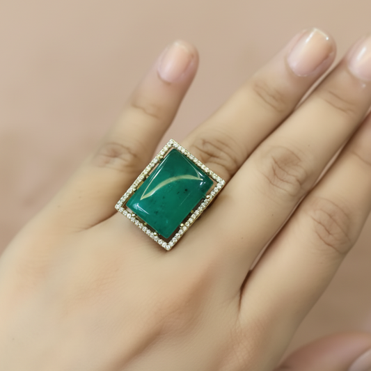 Gold Rectangle Ring with Smooth Emerald Cabochon & Micro-Pavé Halo