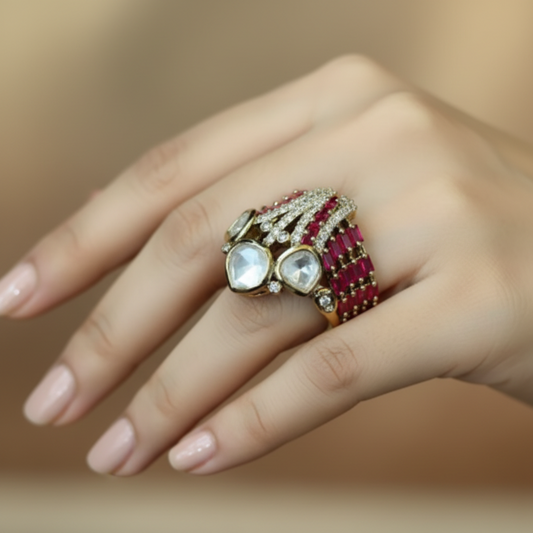 Sculptural Multi-Layer Gold Statement Ring with Baguette Gemstones & Uncut Moissanite Solitaires