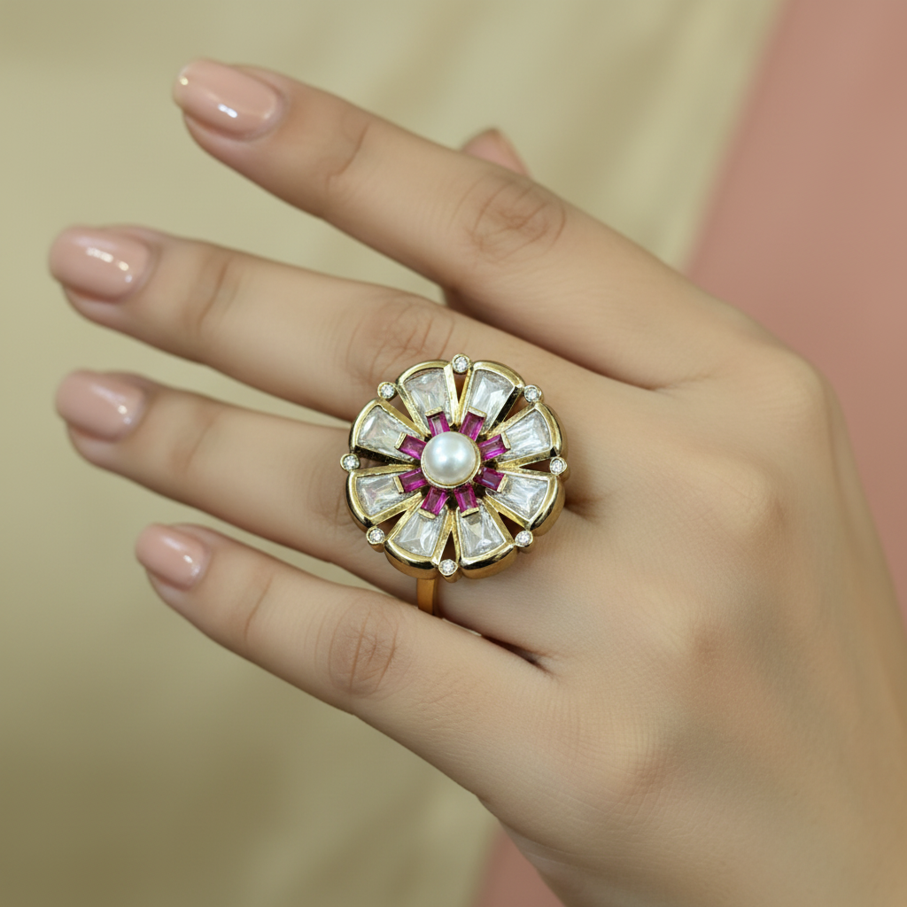 Floral Pearl & Moissanite Statement Ring