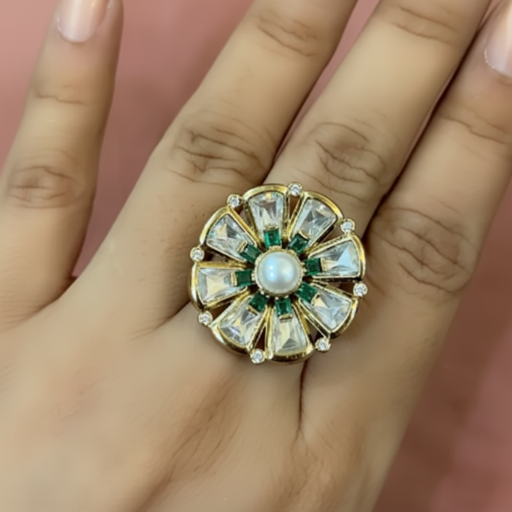 Floral Pearl & Moissanite Statement Ring