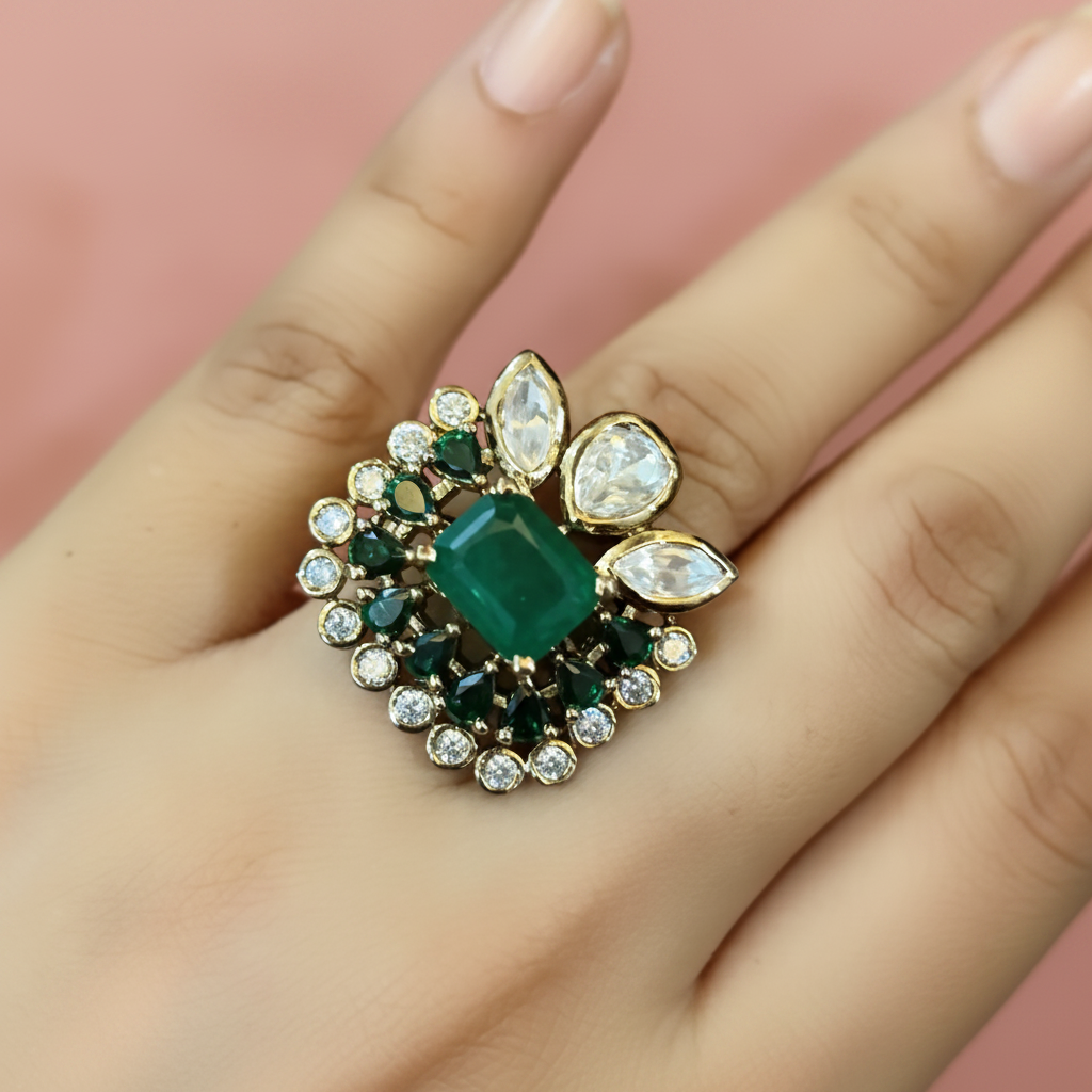 Emerald & Ruby Floral Moissanite Statement Ring