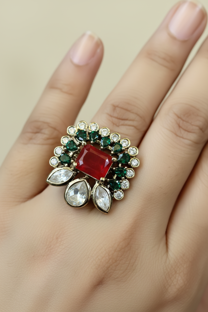 Emerald & Ruby Floral Moissanite Statement Ring