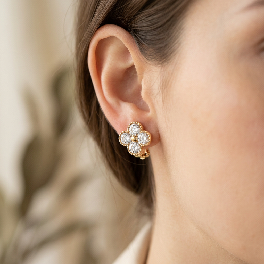 Clover shaped Diamond Clip-on Studs