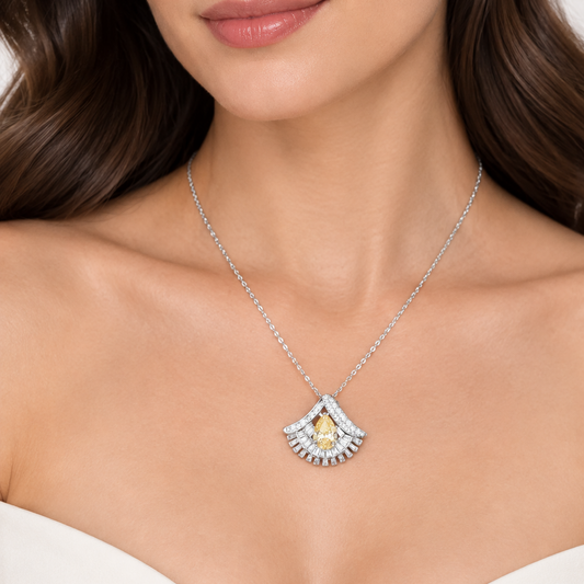 Fan Shape  Pendant Set | With Chain | Rhodium Plating I WG