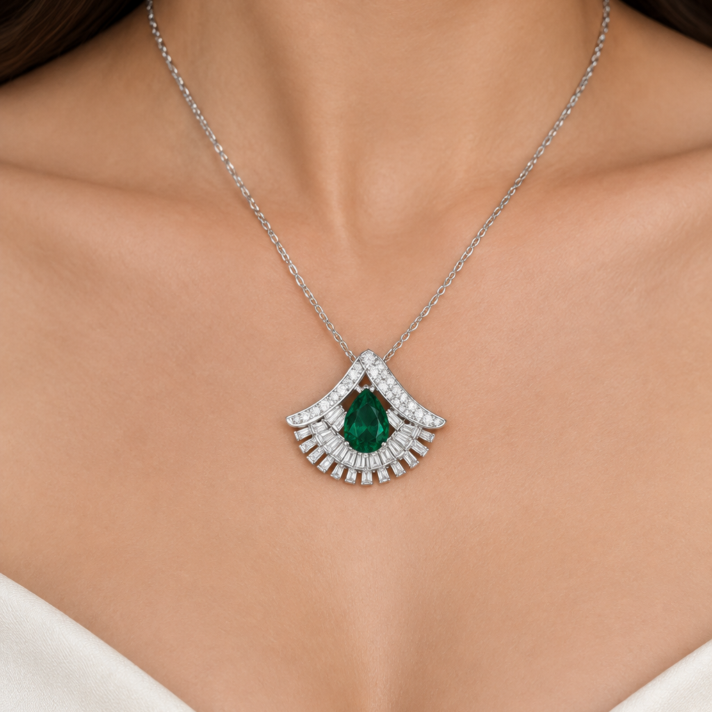 Fan Shape  Pendant Set | With Chain | Rhodium Plating I WG