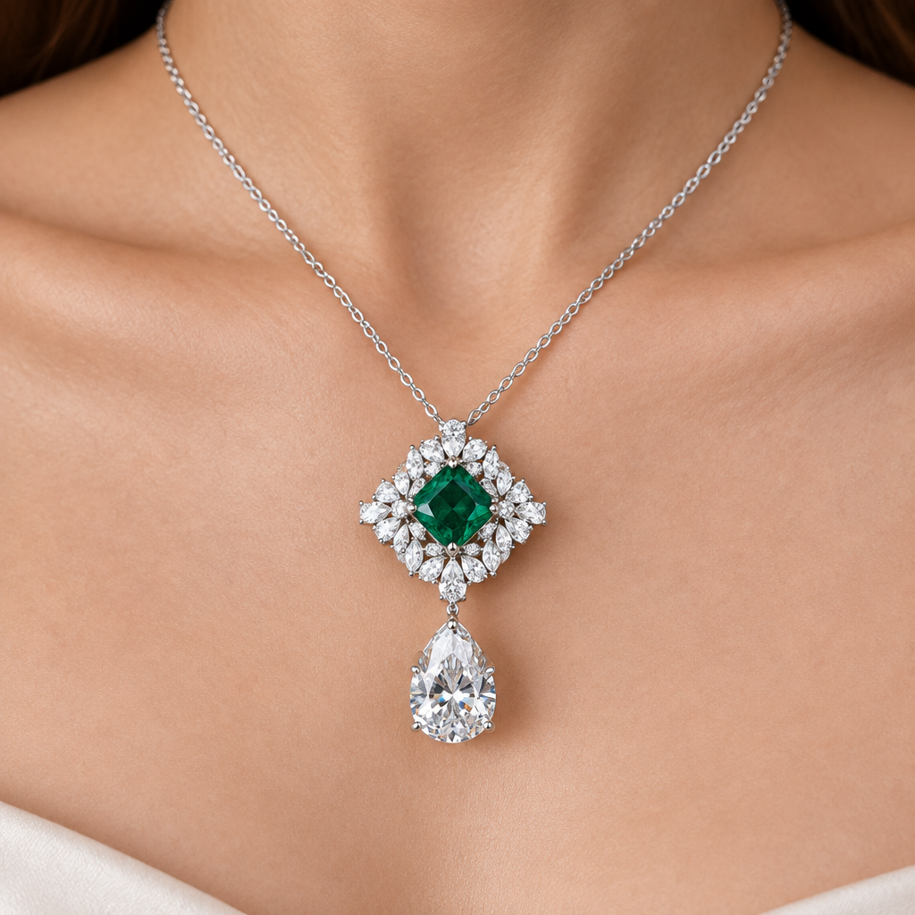 Crystal Drop Emerald Pendant Set | With Chain | Rhodium Plating | WG