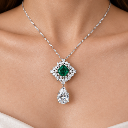 Crystal Drop Emerald Pendant Set | With Chain | Rhodium Plating | WG