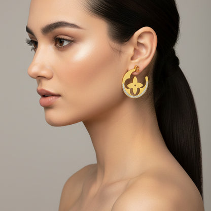 Floral Motif Gold Hoop Earrings