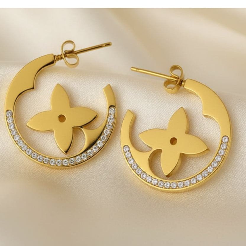 Floral Motif Gold Hoop Earrings