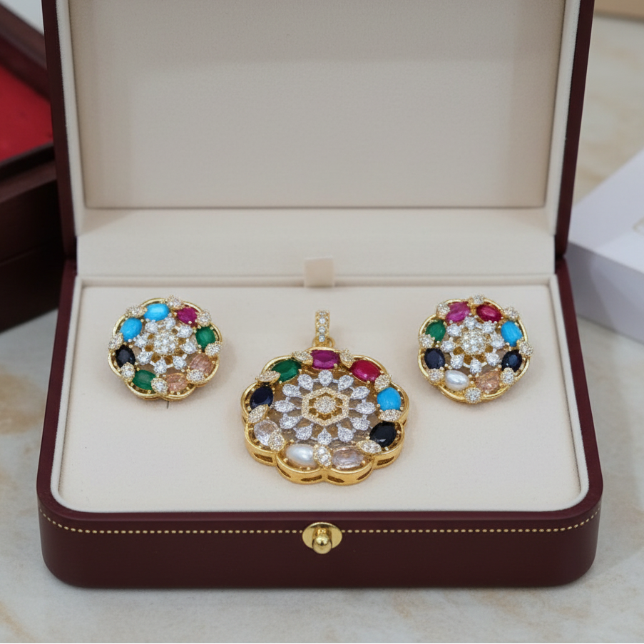 Royal Navratna Onyx stone Pendant Set | Without Chain