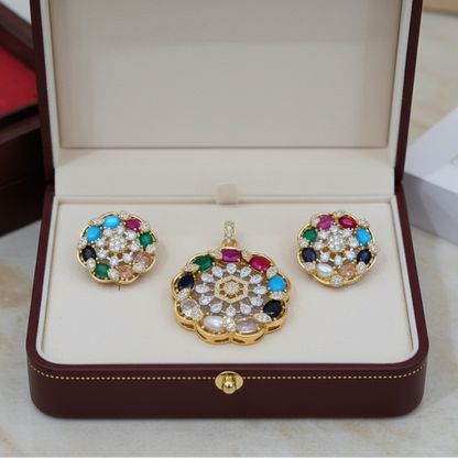 Royal Navratna Onyx stone Pendant Set | Without Chain