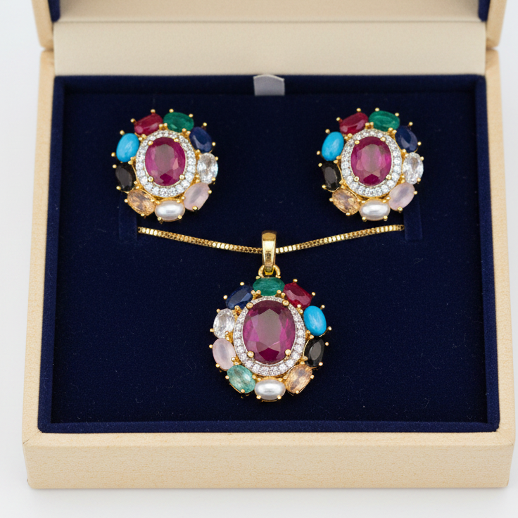 Small Navratna Onyx stone Pendant Set | Without Chain