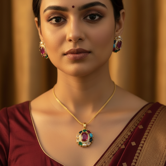 Small Navratna Onyx stone Pendant Set | Without Chain