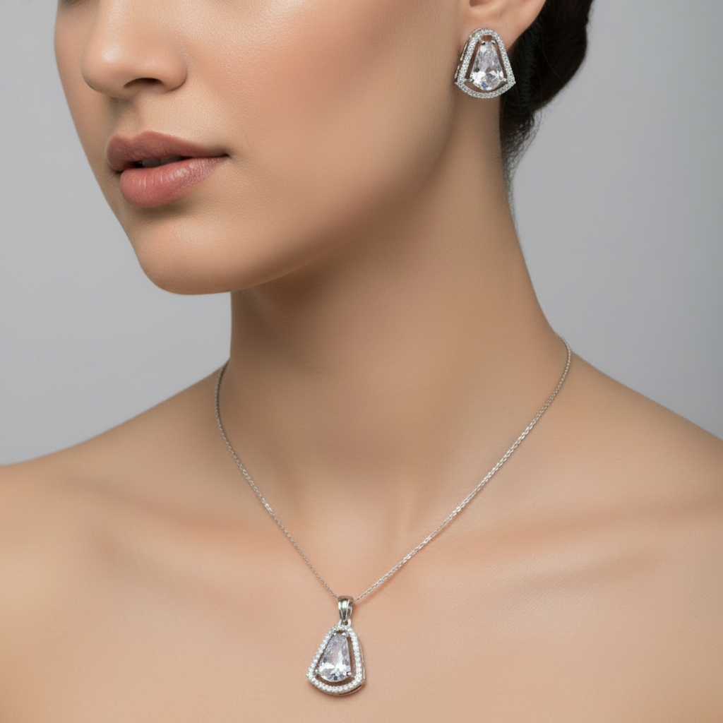 Rhodium-Plated Crystal Pendant Set I Screw back Earrings | Without Chain