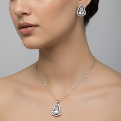 Rhodium-Plated Crystal Pendant Set I Screw back Earrings | Without Chain