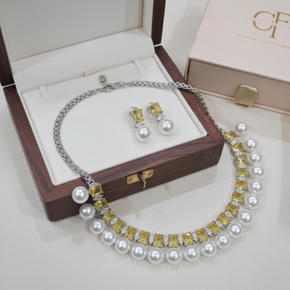 Citrine Diamond Necklace With Pearl Drops | Rhodium Plating
