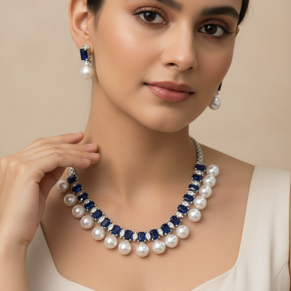 Citrine Diamond Necklace With Pearl Drops | Rhodium Plating